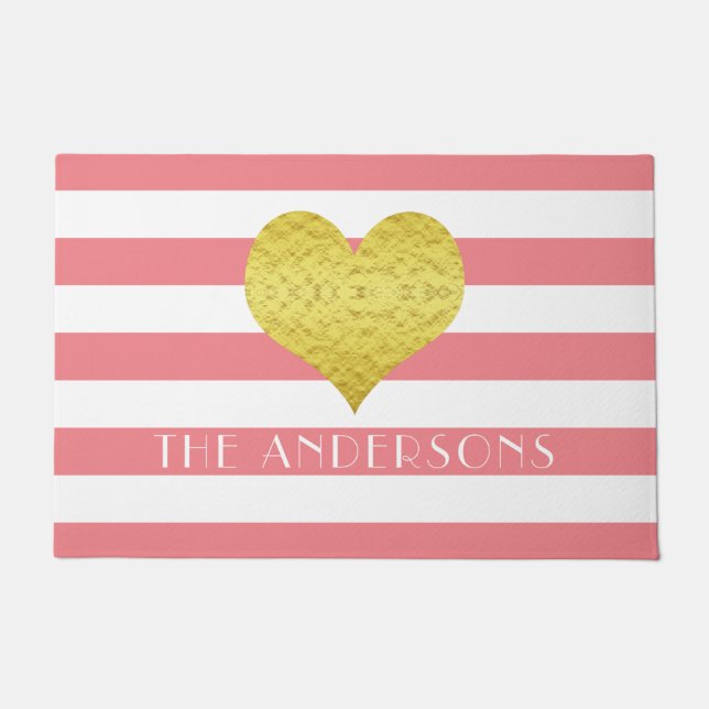Modern Pink Pattern Heart Name Doormat (Front)