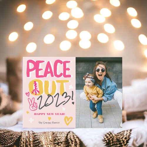 Modern pink peace out 2023 Happy New Year photo Holiday Card