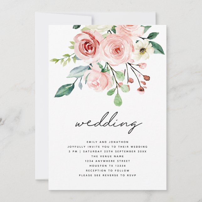 Modern Pink Peach Florals QR Code Wedding Invitation (Front)