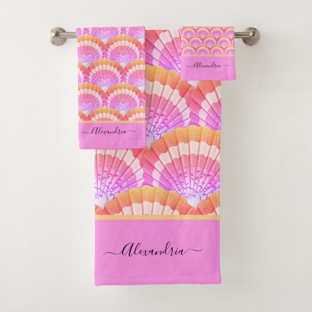 Modern Pink Peach Tropical Seashell Shell Beach Ba Bath Towel Set (Insitu)