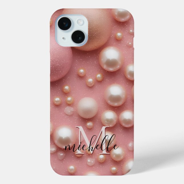 Modern Pink Pearl Glitter Custom Name Monogram Case-Mate iPhone Case (Back)