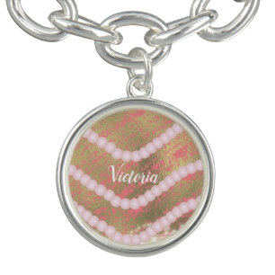 Modern Pink Pearls Foil Gold Name Bracelet