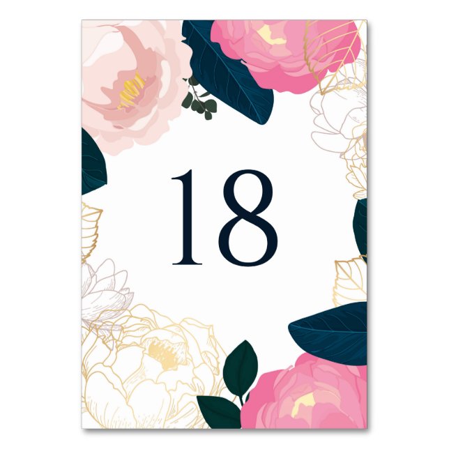 Modern Pink Peonies Gold Foil Navy Blue Wedding II Table Number (Front)