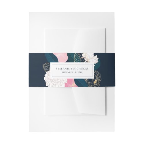 Modern Pink Peonies Gold Foil Wedding Invitation Belly Band