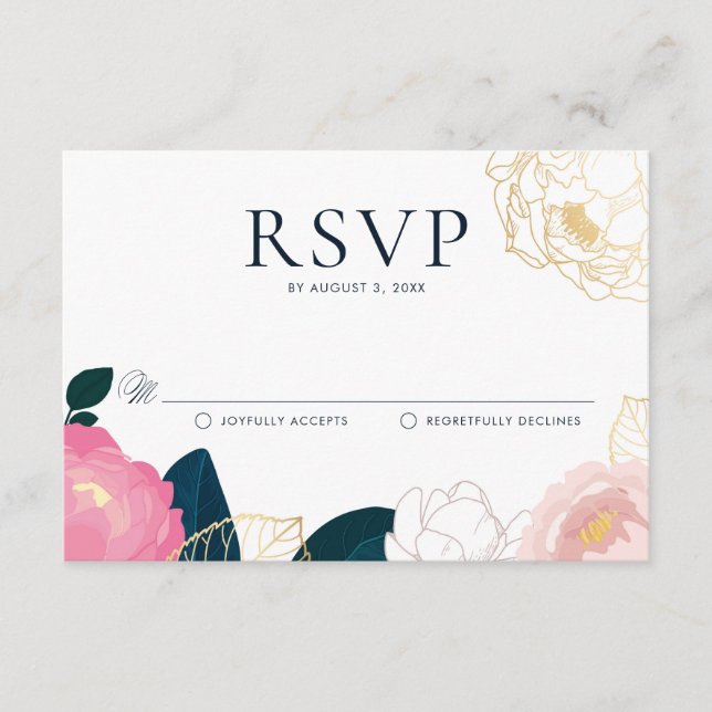 Modern Pink Peonies Gold Foil Wedding RSVP Enclosure Card (Front)