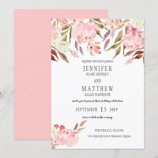Modern Pink Peonies Wildflowers Greenery Wedding | Invitation