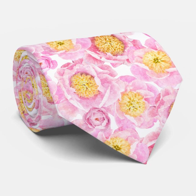 Modern Pink Peony Floral Pattern Neck Tie (Rolled)