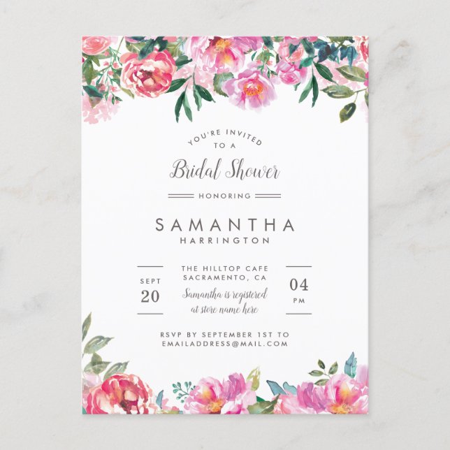 Modern Pink Peony Flowers Bridal Shower Invitation Postcard (Front)