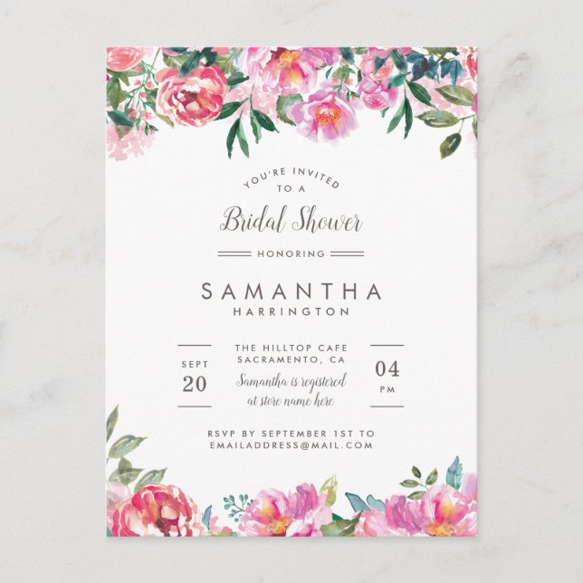 Modern Pink Peony Flowers Bridal Shower Invitation Postcard (Front)