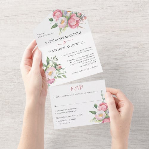 Modern Pink Peony Watercolor Floral Wedding All In One Invitation
