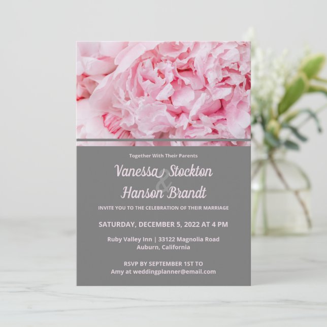 Modern Pink Peony Wedding Invitation (Standing Front)