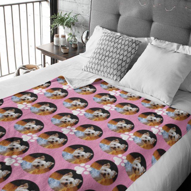  Modern Pink Pet Photo w Paw Print Pattern Cute Fleece Blanket (Creator Uploaded)