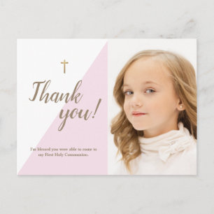 Modern Pink Photo 1st Holy Communion Thank You Postcard