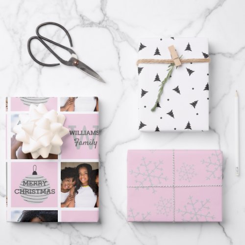 Modern Pink Photo Collage And Silver Snowflakes Wrapping Paper Sheets