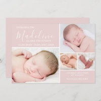 Modern Pink Photo Collage Baby Girl Birth  Announcement