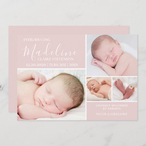 Modern Pink Photo Collage Baby Girl Birth  Announcement