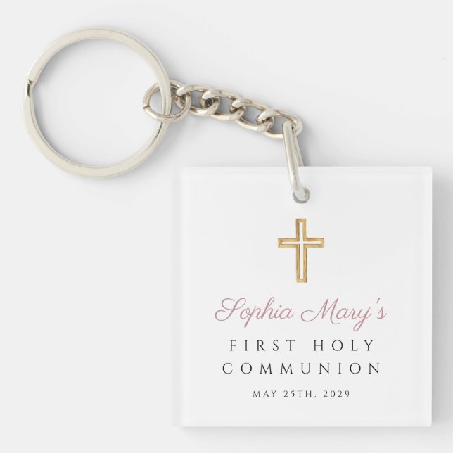 Modern Pink Photo Girl First Communion  Keychain (Front)