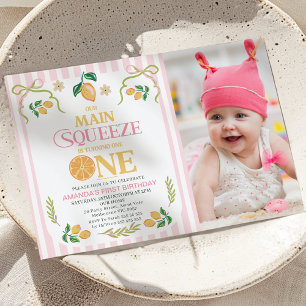 Modern Pink Photo Lemon Main Squeeze 1st Birthday Invitation