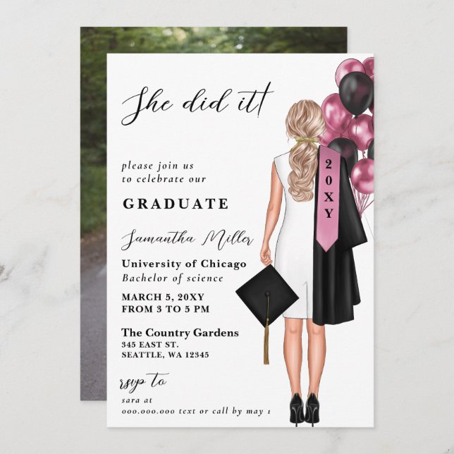 Modern Pink Photo She Did It Graduation Invitation (Front/Back)