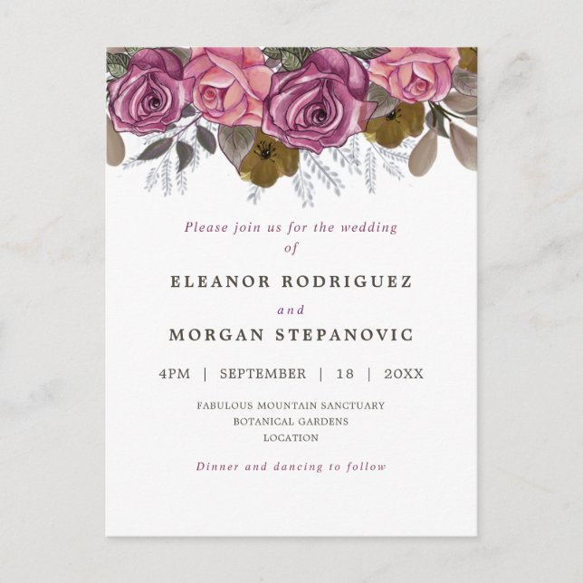Modern pink piurple rose border wedding invitation postcard (Front)