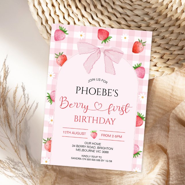 Modern Pink Plaid Arch Berry First Birthday Invitation (Berry First Birthday Invitation, Berry First Birthday Invite, Strawberry First Birthday Invitation )