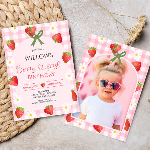 Modern Pink Plaid Arch Heart Berry First Birthday Invitation