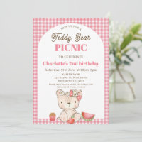 Modern Pink Plaid Arch Teddy Bear Picnic Birthday
