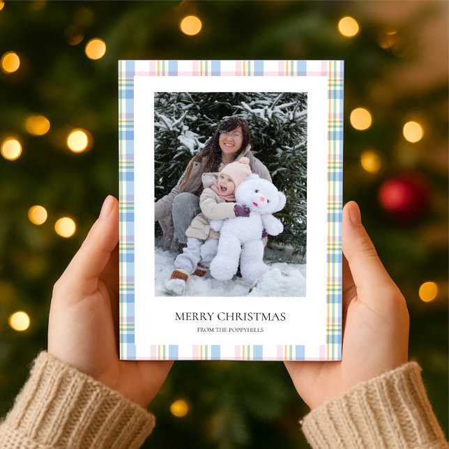 Modern Pink Plaid Check Christmas Photo Card (Creator Uploaded)