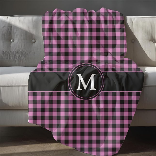 Modern Pink Plaid Checks Monogram Fleece Blanket (Modern Pink Plaid Checks Monogram Fleece Blanket)