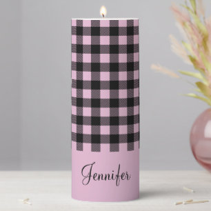 Modern Pink Plaid Custom Name Pillar Candle