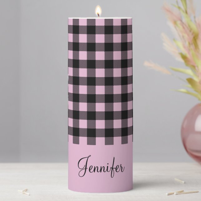 Modern Pink Plaid Custom Name Pillar Candle (In Situ)
