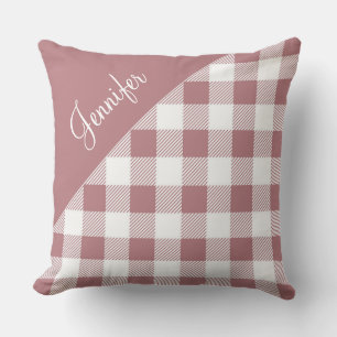 Modern Pink Plaid Gingham Pattern Name Throw Pillow