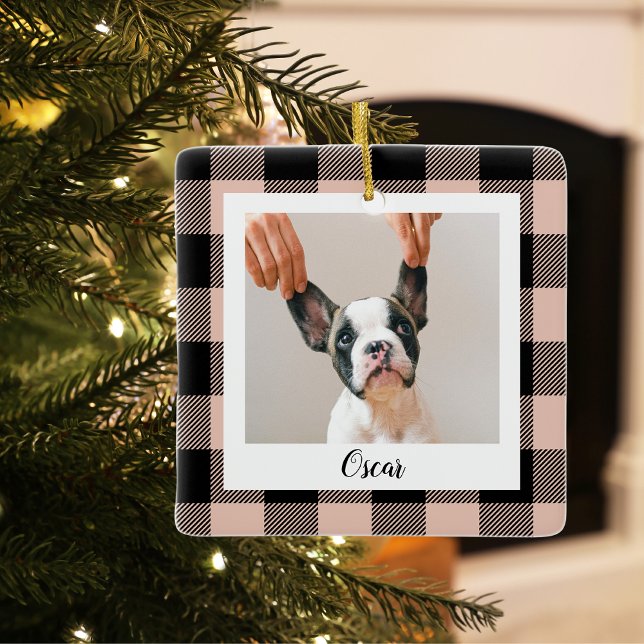 Modern Pink Plaid &  Name And Dog Photo Ceramic Ornament (Creator Uploaded)