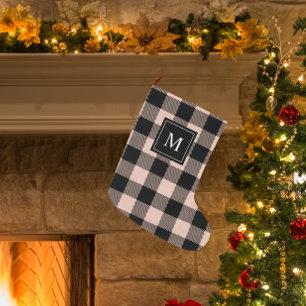 Modern Pink Plaid & Name Large Christmas Stocking