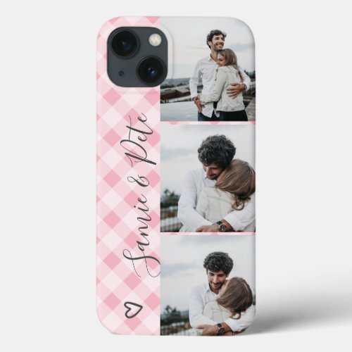 Modern pink plaid names 3 photos collage grid iPhone 13 case