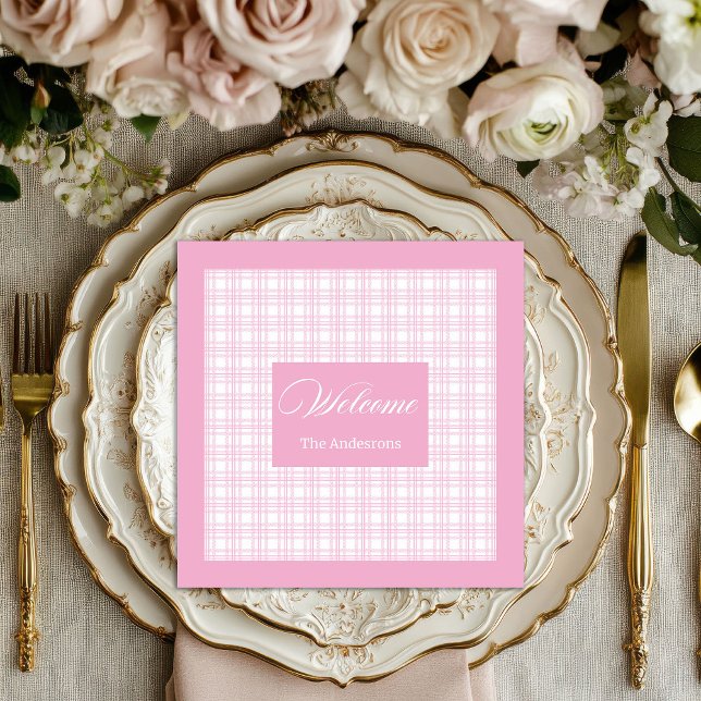 Modern Pink Plaid Napkins Personalized Elegant (Modern Pink Plaid Napkins Personalized Elegant)