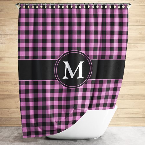 Modern Pink Plaid Pattern Monogram Shower Curtain