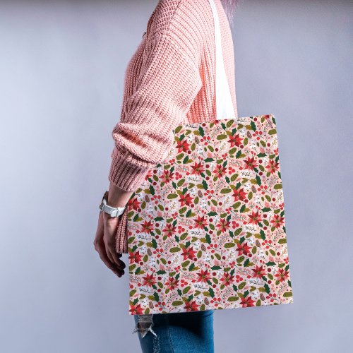 Modern Pink Poinsettia Folk Botanical Pattern Tote Bag