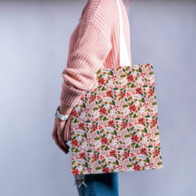 Modern Pink Poinsettia Folk Botanical Pattern Tote Bag (Get ready for a stylish and merry holiday season—our festive totes are filled with cheer! 🎁)