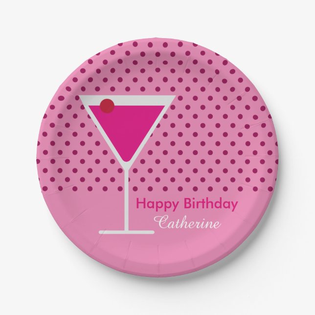 Modern Pink Polka Dot Martini Custom Birthday Paper Plates (Front)