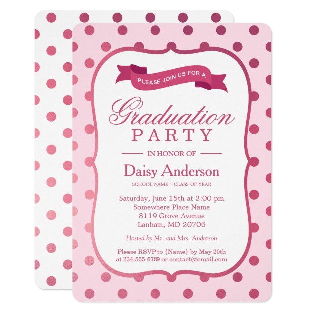 Modern Pink Polka Dots Girly Graduation Party Invitation