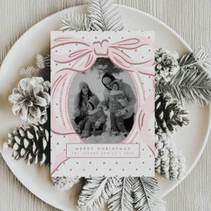 Modern Pink Polkadot Bow Family Photo Christmas Holiday Card