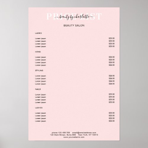 Modern Pink Price List Poster