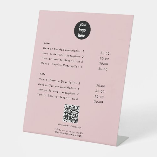 Modern Pink Price List QR Code Social Media   Pedestal Sign