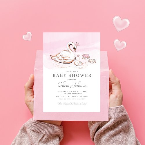 Modern Pink Princess Swan Baby Shower Invitation