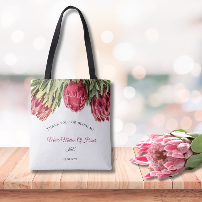 Modern Pink Proteas Floral Wedding Maid Of Honor Tote Bag (Creator Uploaded)