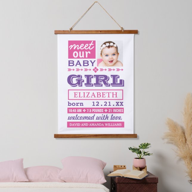 Modern Pink Purple Baby Girl Photo Birth Stats Hanging Tapestry (Bedroom)
