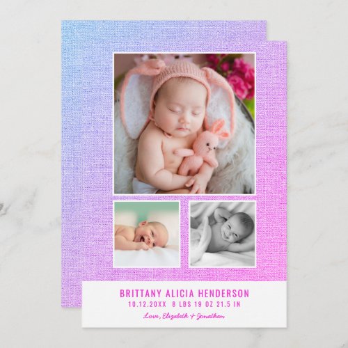 Modern Pink Purple Baby Photo Collage Birth Announcement