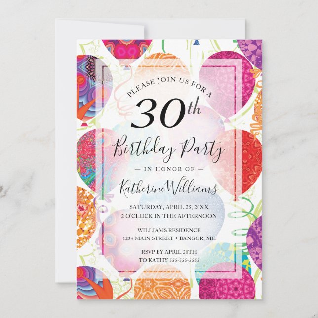 Modern Pink Purple Balloons 30th Birthday Party Invitation (Front)