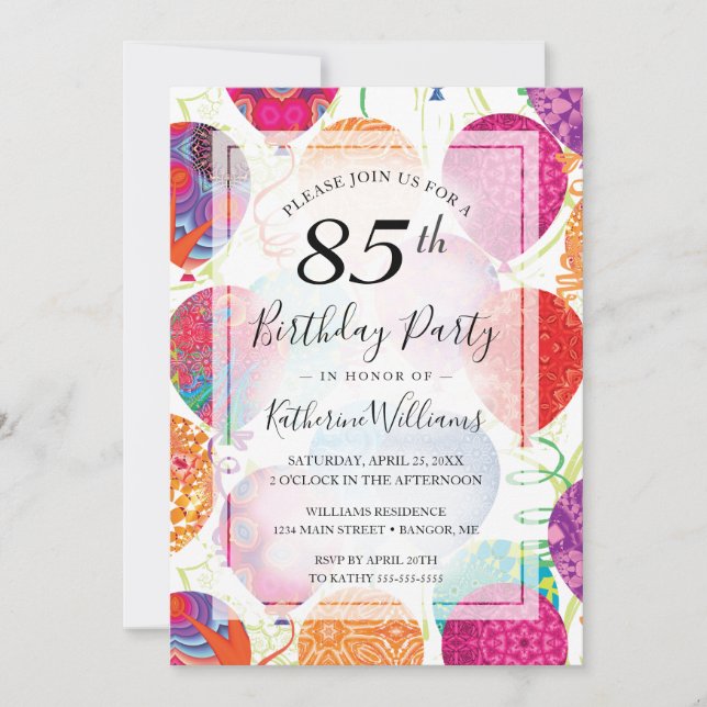 Modern Pink Purple Balloons 85th Birthday Party Invitation (Front)